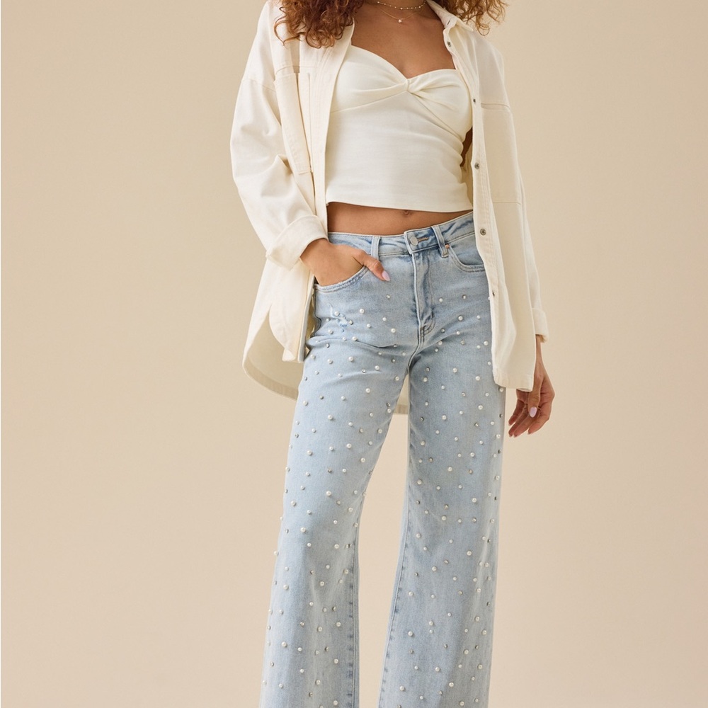 Altard State Pearlina Embellished Light Wash Wide Leg Jeans